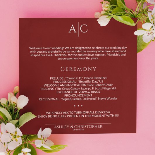 Programme Cérémonie de Mariage de Monogramme rouge de Crimso