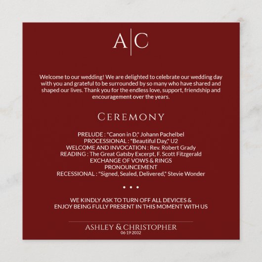 Programme Cérémonie de Mariage de Monogramme rouge de Crimso (Devant)