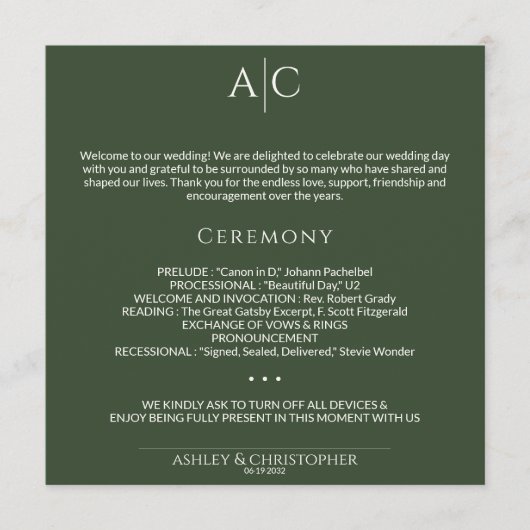 Programme Cérémonie de Mariage de monogramme vert de mousse  (Devant)