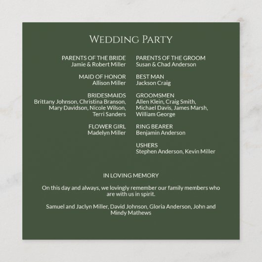 Programme Cérémonie de Mariage de monogramme vert de mousse  (Dos)