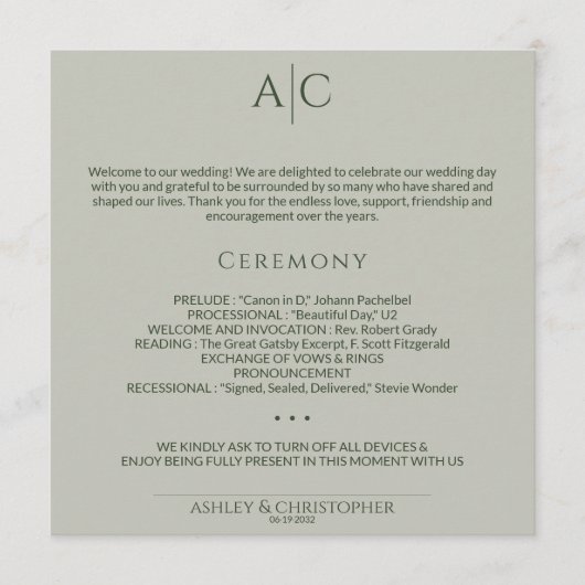 Programme Cérémonie de Mariage de monogramme vert simple de  (Devant)