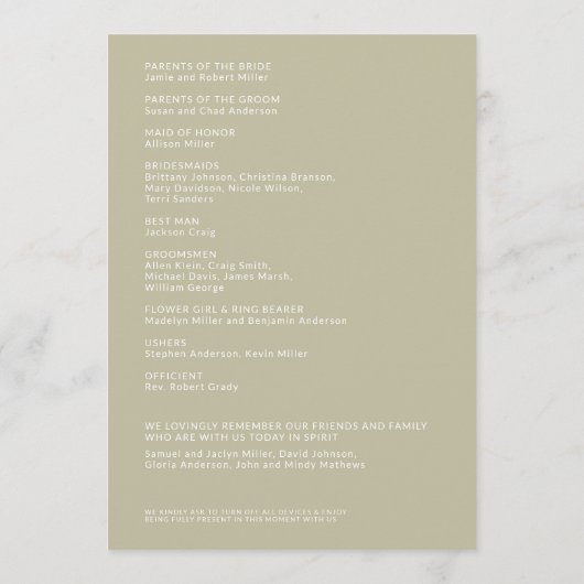 Programme Cérémonie de Mariage de Noms Isolés Vert Sage Simp (Dos)