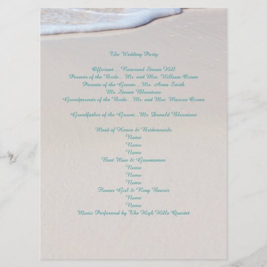 Programme Cérémonie de Mariage de sable de plage (Dos)