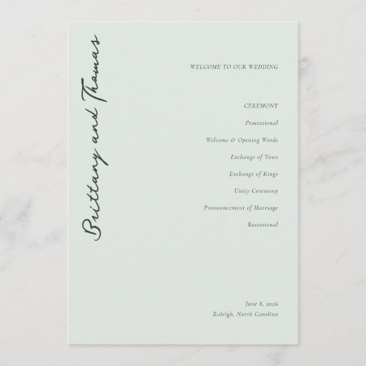 Programme Cérémonie de mariage Elegant Mint (Devant)