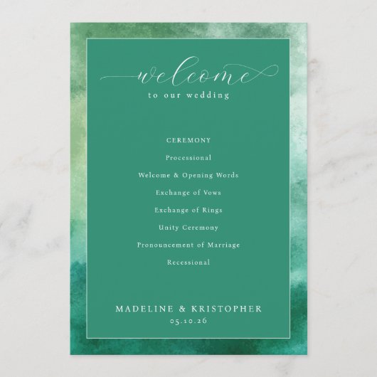 Programme Cérémonie de mariage élégante à l'aquarelle verte (Devant)