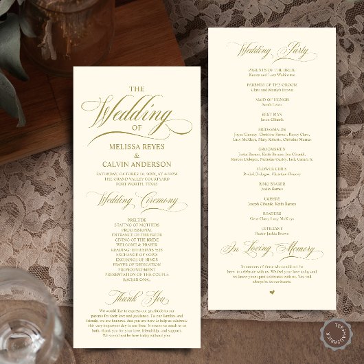 Programme Cérémonie de mariage élégante avec écriture dorée