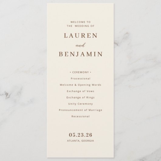 Programme Cérémonie de mariage élégante beige (Devant)