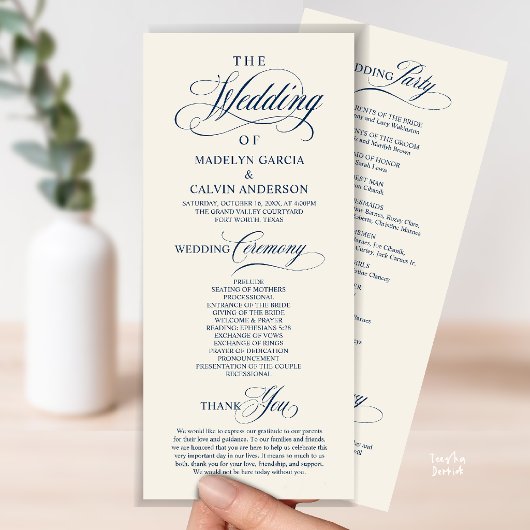 Programme Cérémonie de mariage élégante et classe bleu marin