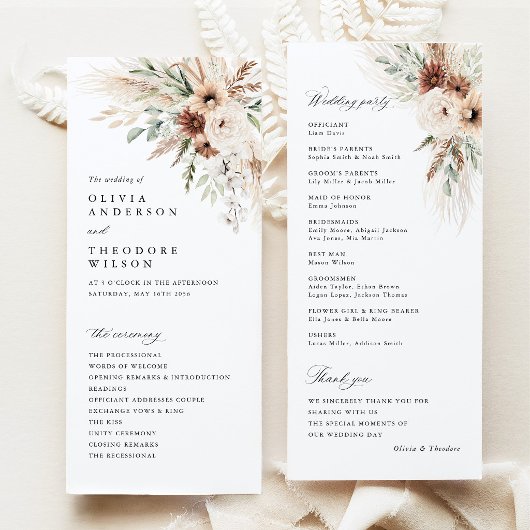 Programme Cérémonie de mariage floral avec herbe de Pampas B