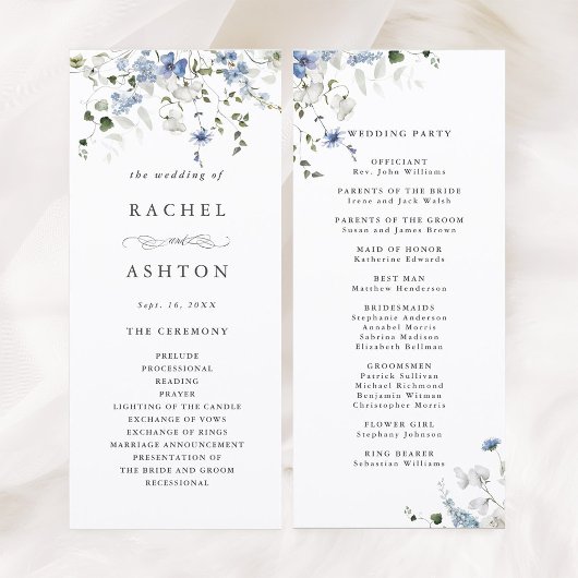 Programme Cérémonie de mariage floral bleu blanc vert élégan