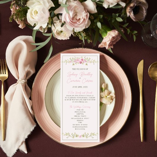 Programme Cérémonie de mariage Floral de conte de fées Rose
