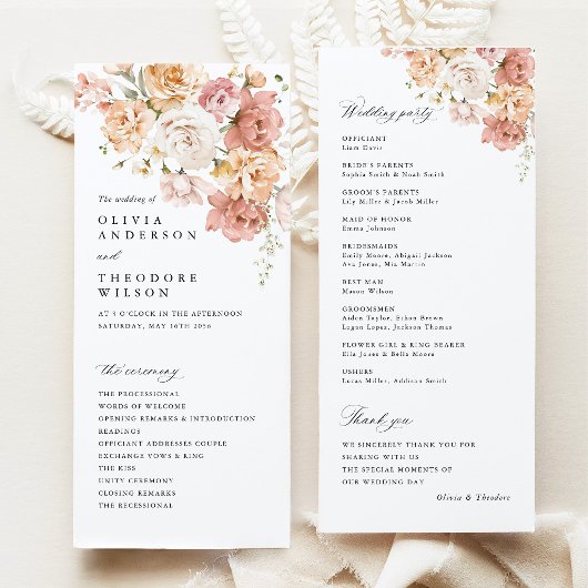 Programme Cérémonie de mariage floral rose poussiéreuse