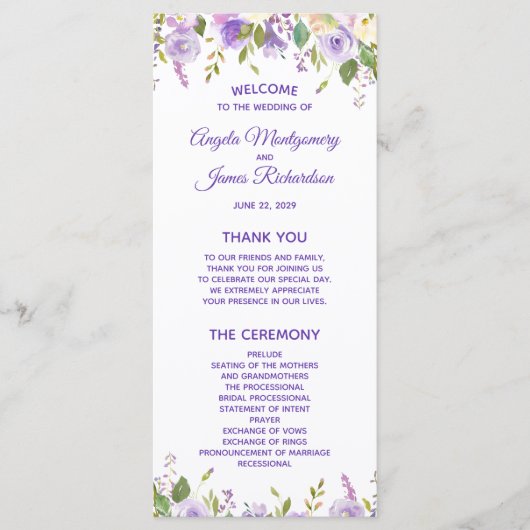 Programme Cérémonie de mariage florale à l'aquarelle violett (Devant)