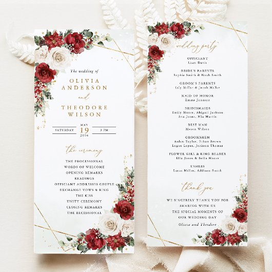 Programme Cérémonie de mariage florale d'hiver en or de Bour