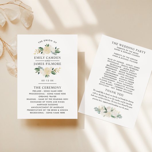Programme Cérémonie de mariage florale en crème doré