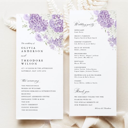 Programme Cérémonie de mariage florale lilas blanc lavande