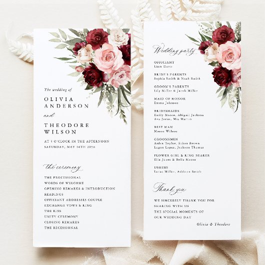 Programme Cérémonie de mariage florale rose bordeaux