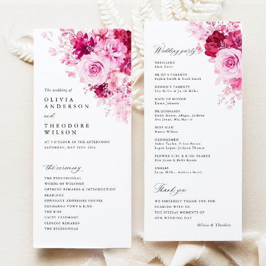 Programme Cérémonie de mariage florale rose vif