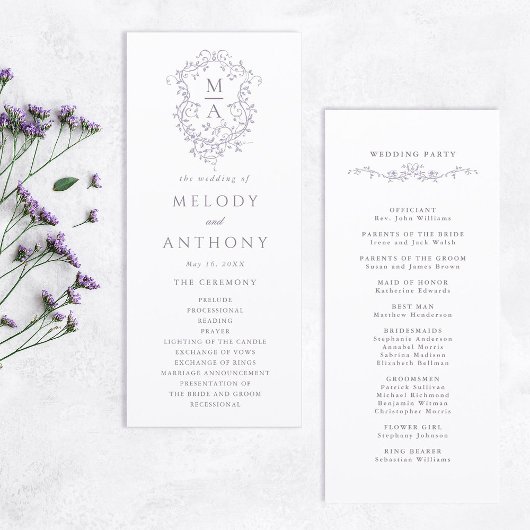 Programme Cérémonie de mariage Lavande Classique à motif flo