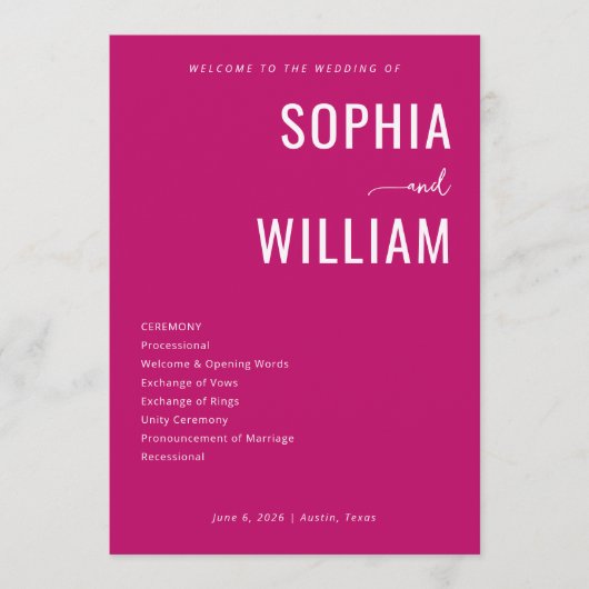 Programme Cérémonie de mariage magenta sophistiquée (Devant)