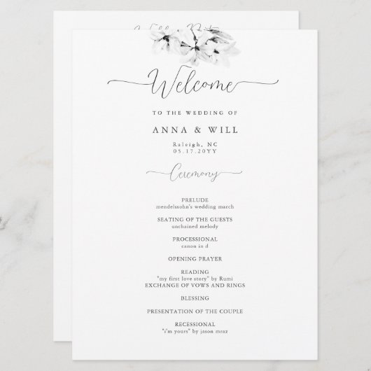 Programme Cérémonie de Mariage noir blanc de Magnolia Art mo (Devant / Derrière)