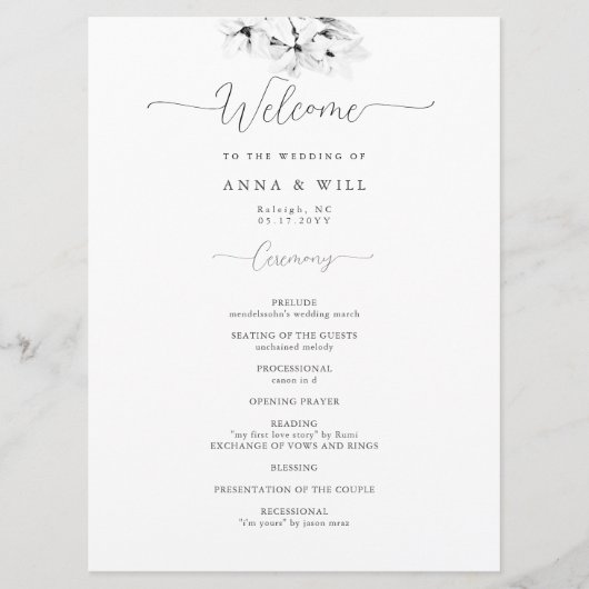 Programme Cérémonie de Mariage noir blanc de Magnolia Art mo (Devant)