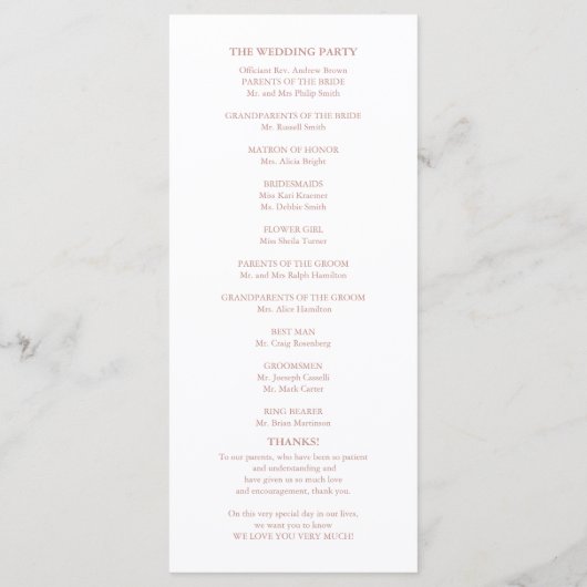 Programme Cérémonie de Mariage Ordre de la Cérémonie Program (Dos)