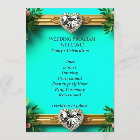 Programme Cérémonie de mariage romantique turquoise rose ros (Devant)