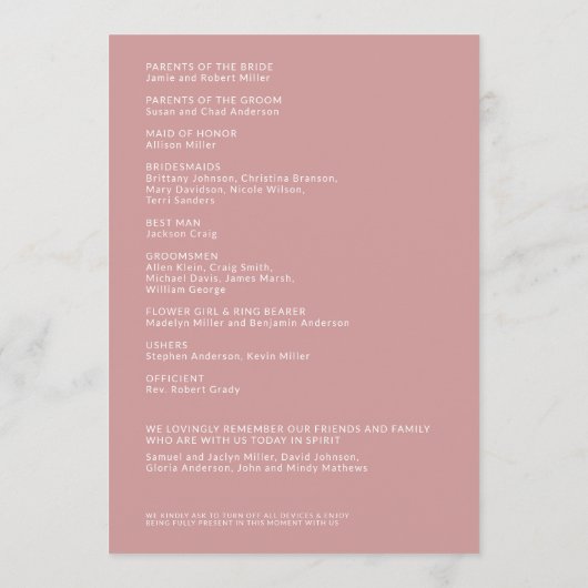 Programme Cérémonie de Mariage simple Dusty Rose isolé Noms (Dos)