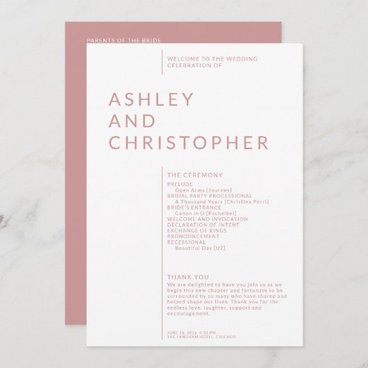 Programme Cérémonie de Mariage simple Dusty Rose isolé Noms (Devant / Derrière)