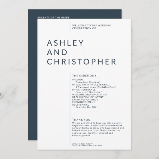 Programme Cérémonie de Mariage simple Navy Blue Isolés Names (Devant / Derrière)