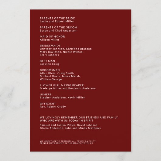 Programme Cérémonie de Mariage simple Ruby Red Isolated Name (Dos)