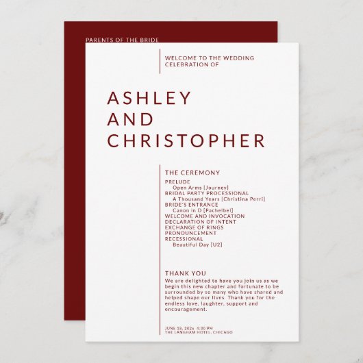 Programme Cérémonie de Mariage simple Ruby Red Isolated Name (Devant / Derrière)