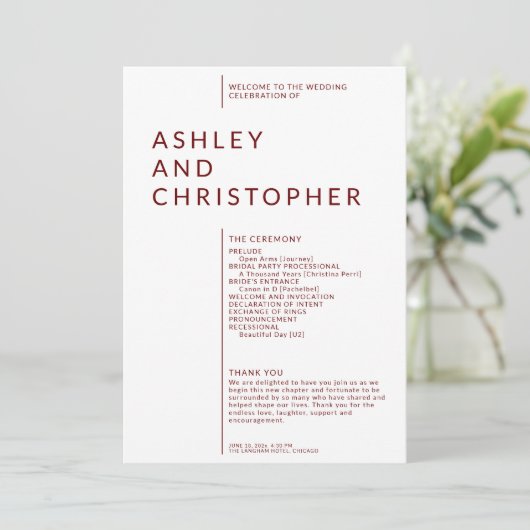 Programme Cérémonie de Mariage simple Ruby Red Isolated Name (Debout devant)