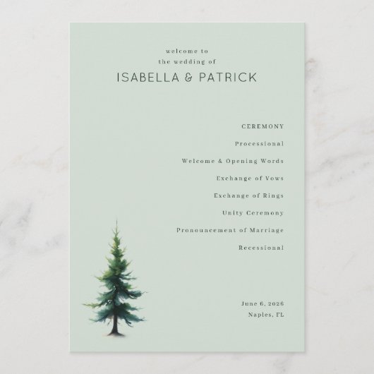 Programme Cérémonie de mariage sous l'arbre vert serein (Devant)