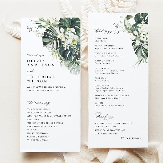 Programme Cérémonie de mariage tropicale Monstera Vert Sauge