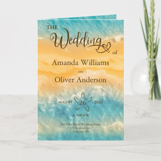 Programme Cérémonie de Mariage Turquoise Coastal Chic Golden (Devant)
