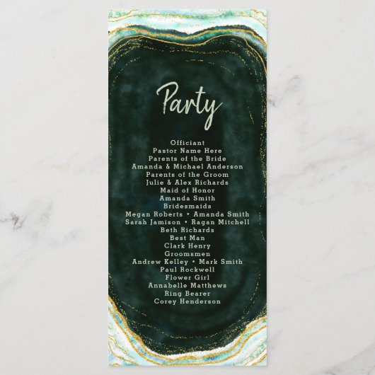Programme Cérémonie de Mariage turquoise Green & Gold Agate  (Dos)