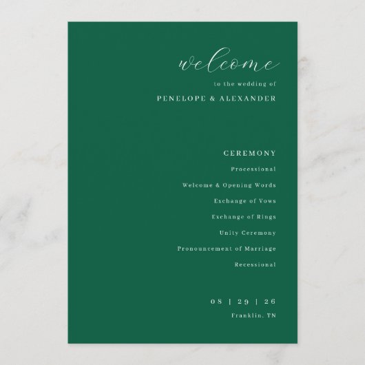 Programme Cérémonie de mariage vert élégant (Devant)
