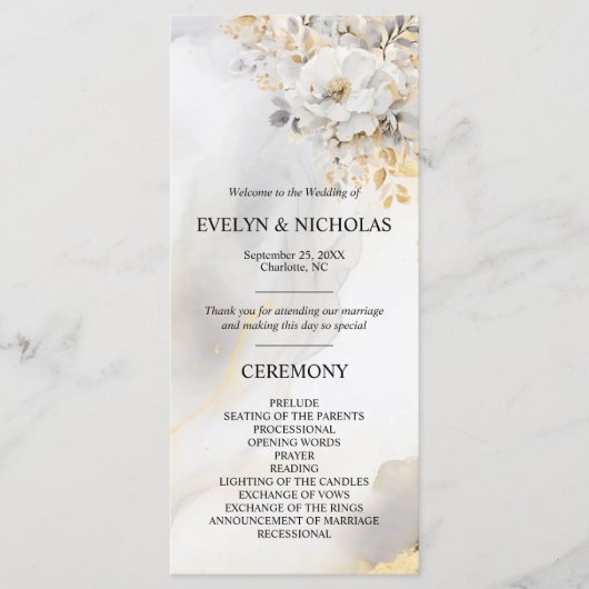 Programme Cérémonie de pivoine Floral Gold Grey Silver (Devant)