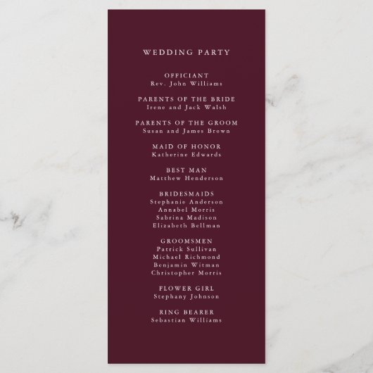 Programme Cérémonie du Mariage de calligraphie romantique de (Dos)