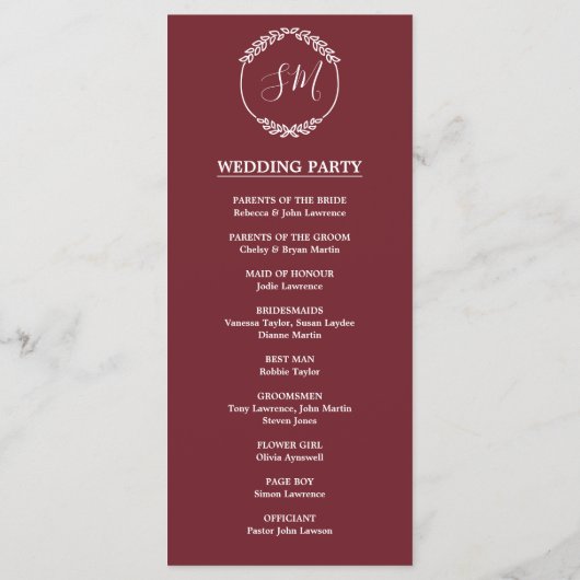 Programme Cérémonie du Mariage de la feuille de feuillage d' (Dos)