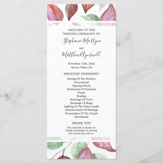 Programme Cérémonie du Mariage de la feuille de feuillage d' (Devant)