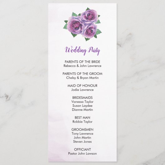 Programme Cérémonie du Mariage du bouquet de rose violet (Dos)