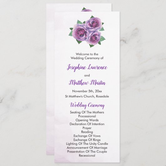 Programme Cérémonie du Mariage du bouquet de rose violet (Devant / Derrière)