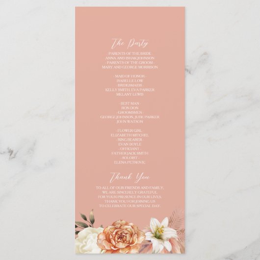 Programme Cérémonie du Mariage floral rustique Peach et Sage (Dos)