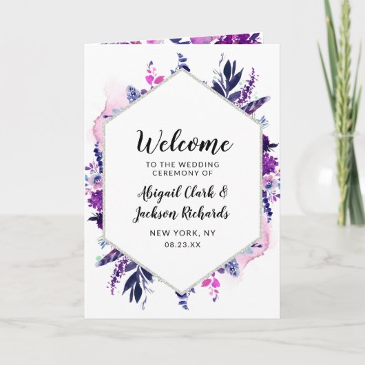 Programme Cérémonie florale violet hexagone Mariage enchanté (Devant)