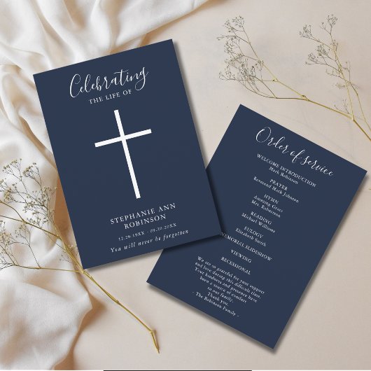 Programme Cérémonie funéraire simple croix bleue et blanche