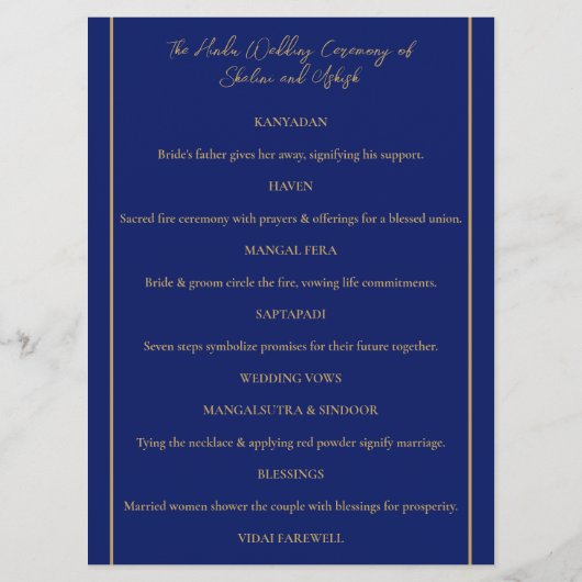 Programme Cérémonie indienne hindou du Mariage Blue Gold Pea (Dos)