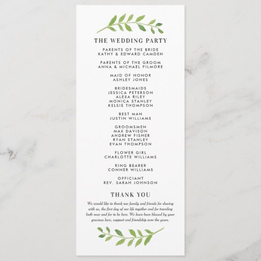 Programme Cérémonie Mariage encadrée dans Watercolor Greener (Dos)